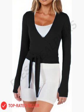 Crop Wrap Top Thumb Hole Long Sleeve Active Self Tie Workout Shirt Ballet Yoga